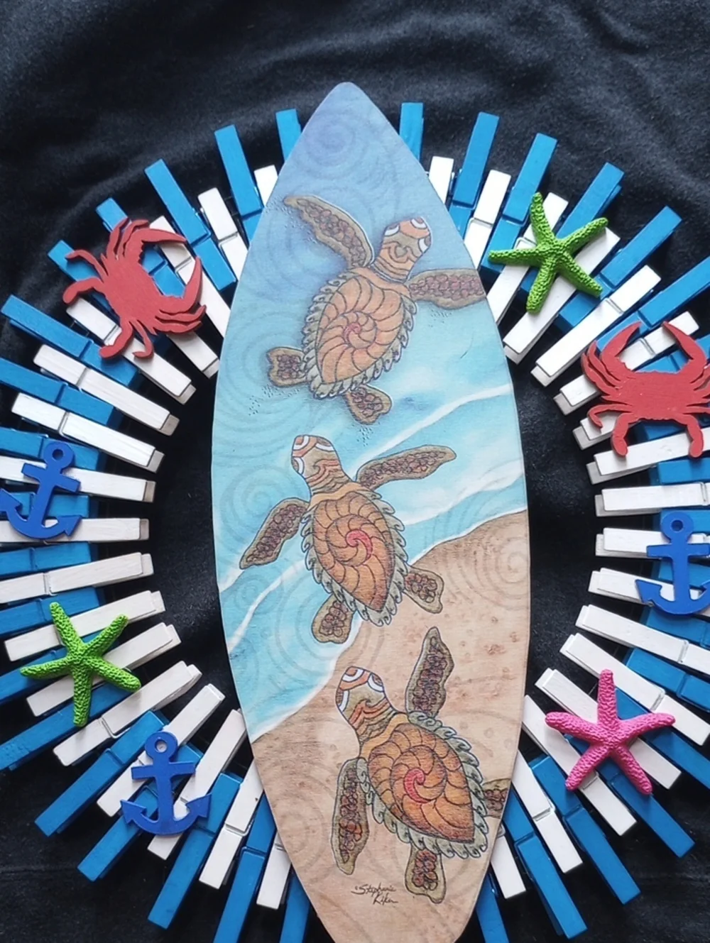 Coastal Sea Turtle Surfboard Wall Art — Blue and Tan Home Wall Decor